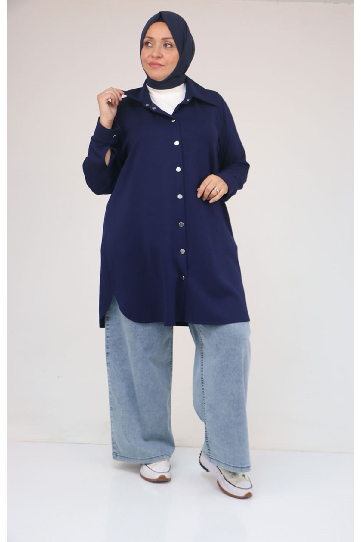 58168 Büyük Beden Erkek Yakalı Çıtçıtlı Modal Tunik - İndigo