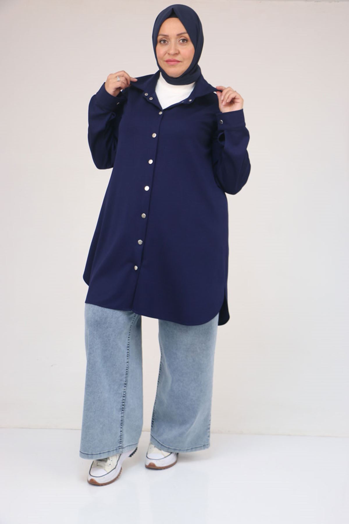 58168 Büyük Beden Erkek Yakalı Çıtçıtlı Modal Tunik - İndigo