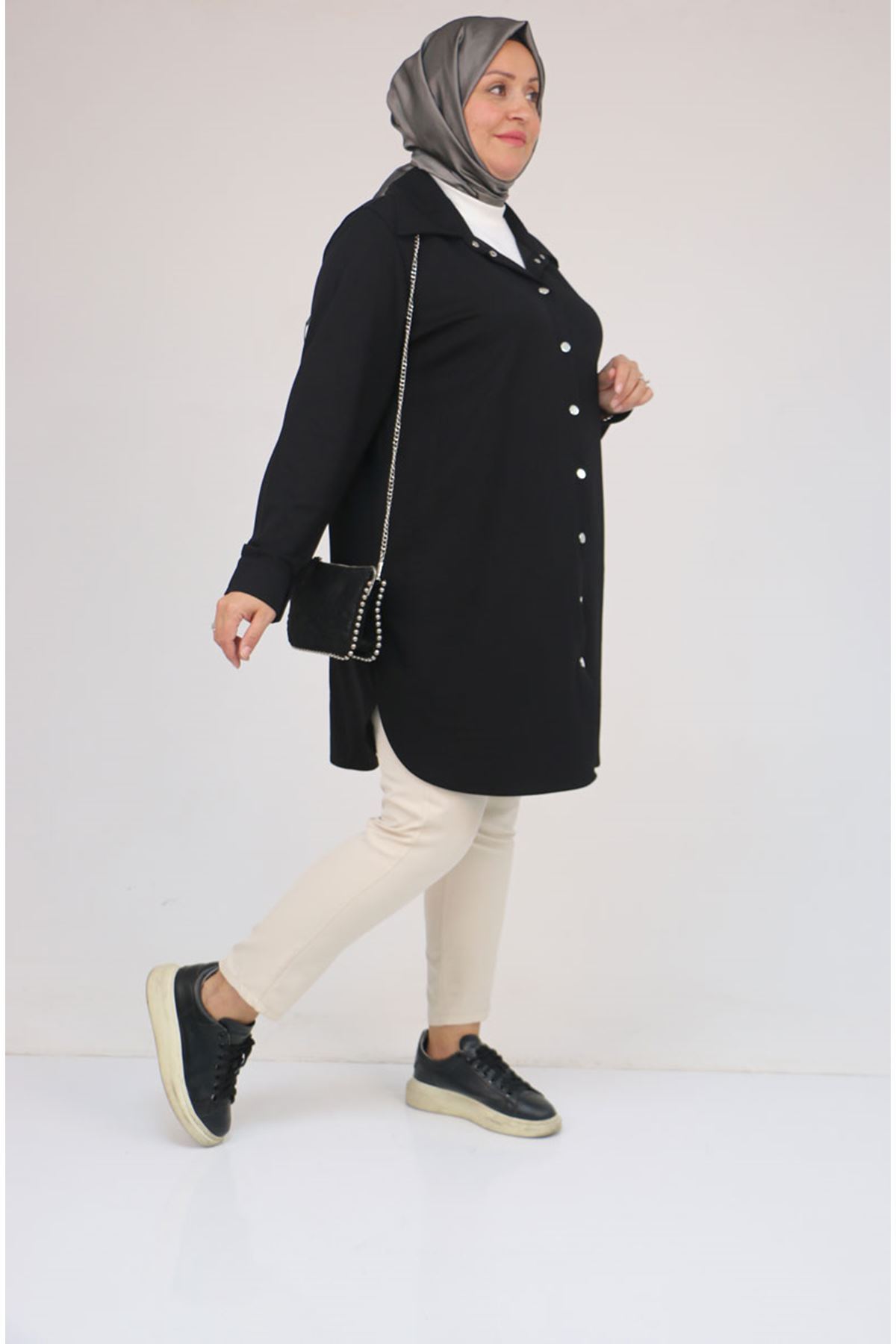 58168 Büyük Beden Erkek Yakalı Çıtçıtlı Modal Tunik - Siyah