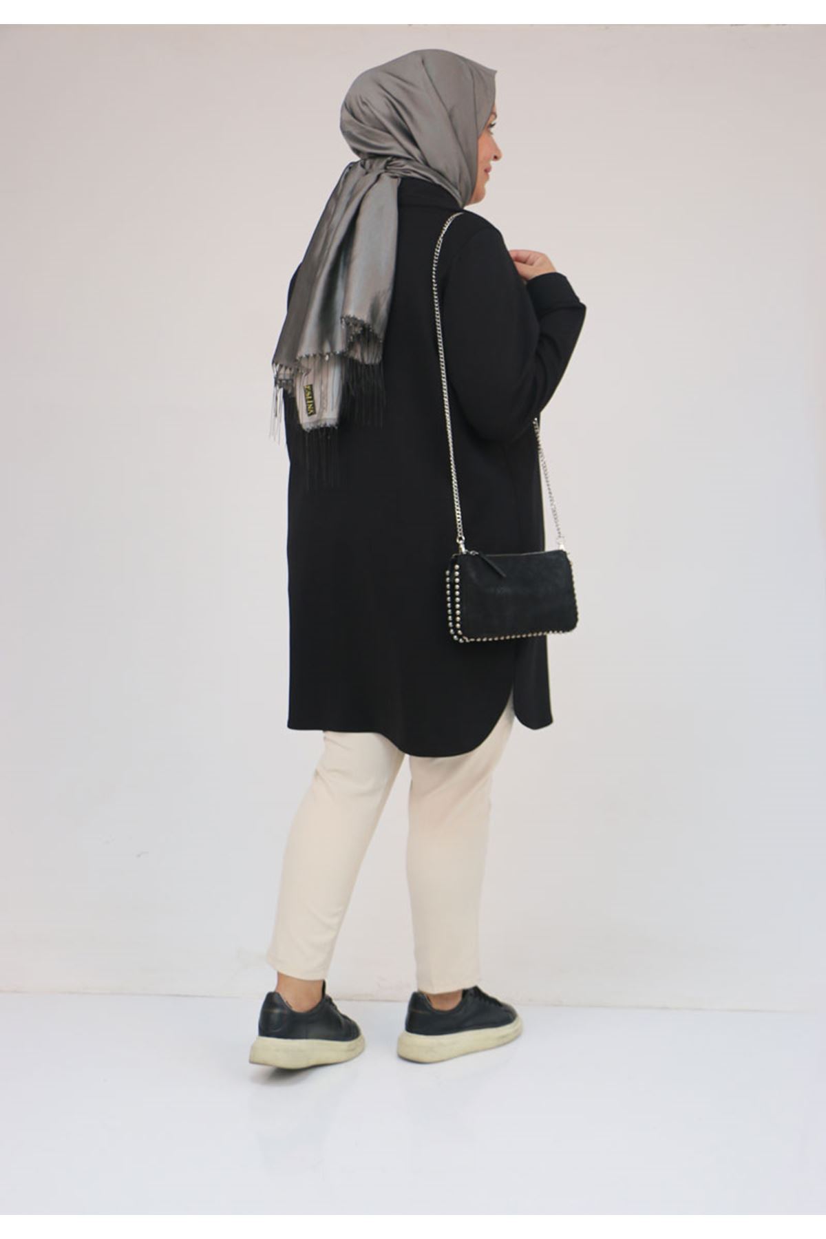 58168 Büyük Beden Erkek Yakalı Çıtçıtlı Modal Tunik - Siyah