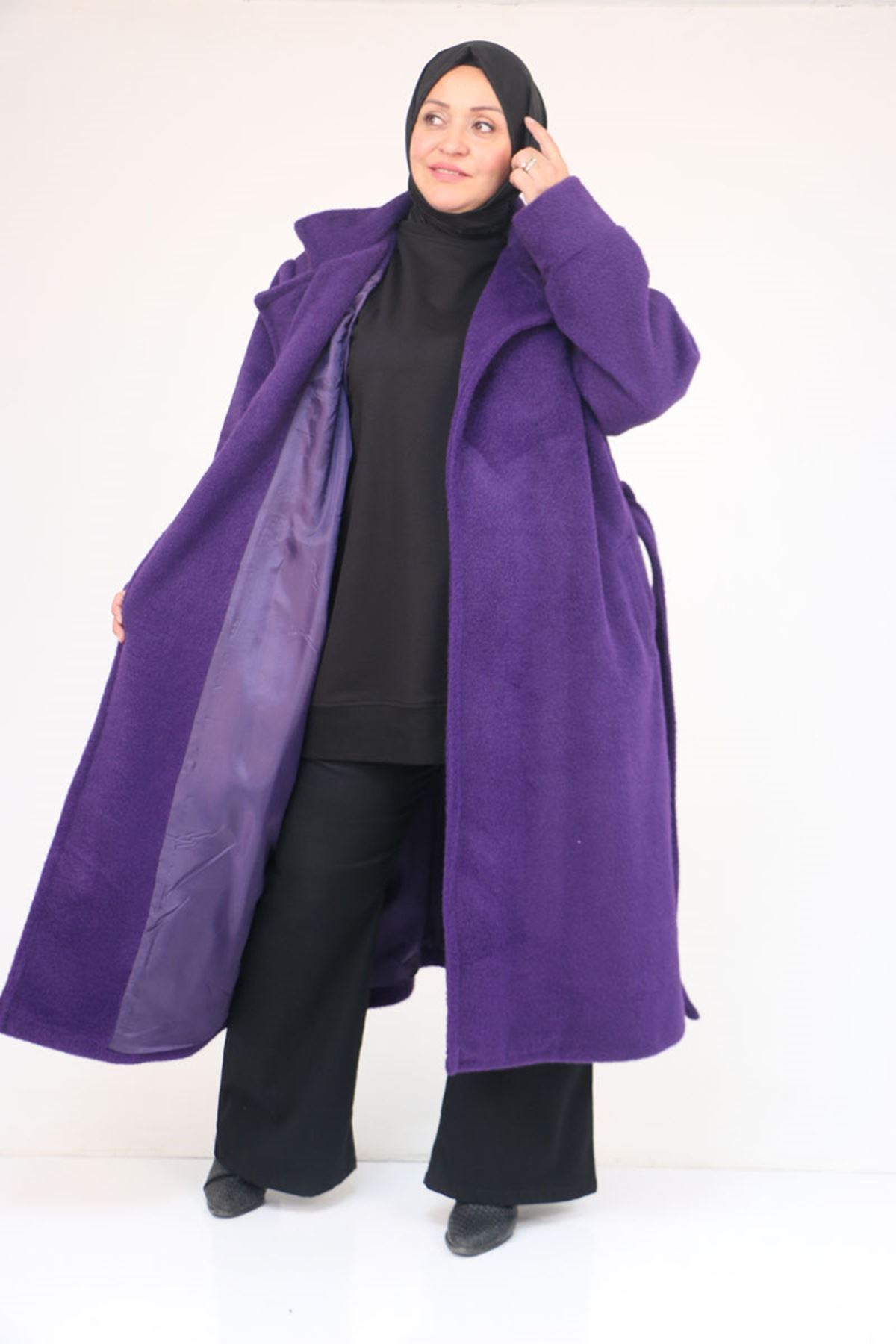 53049 Büyük Beden Keçe Kalın Manşetli Kaban - Mor