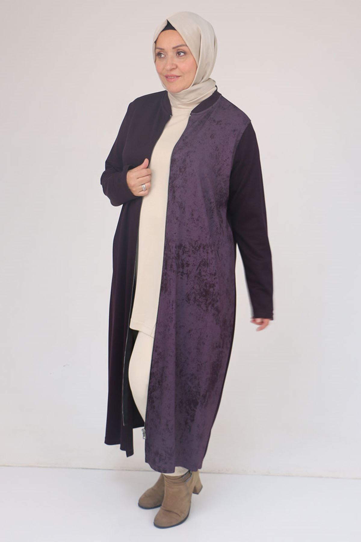 53058 Büyük Beden Fermuarlı Batik-Modal Ceket - Mürdüm