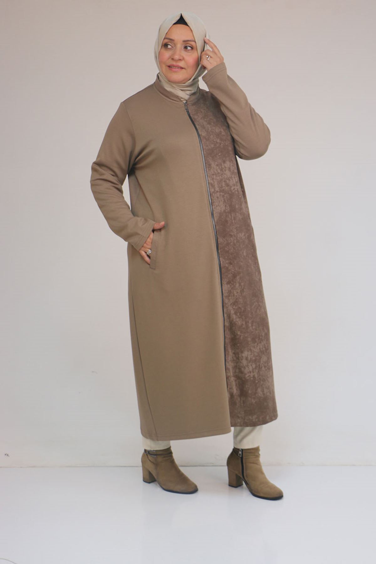 53058 Büyük Beden Fermuarlı Batik-Modal Ceket - Vizon