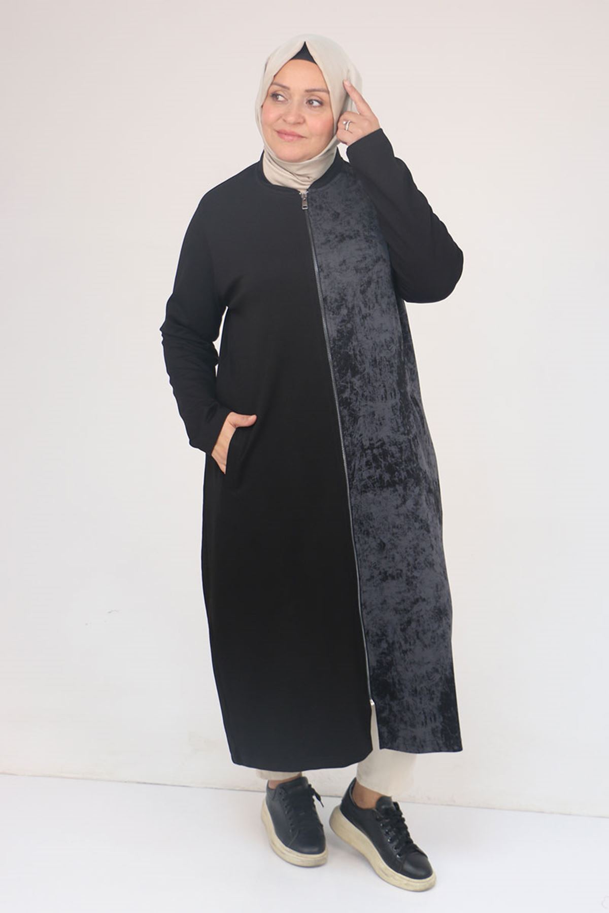 53058 Büyük Beden Fermuarlı Batik-Modal Ceket - Siyah