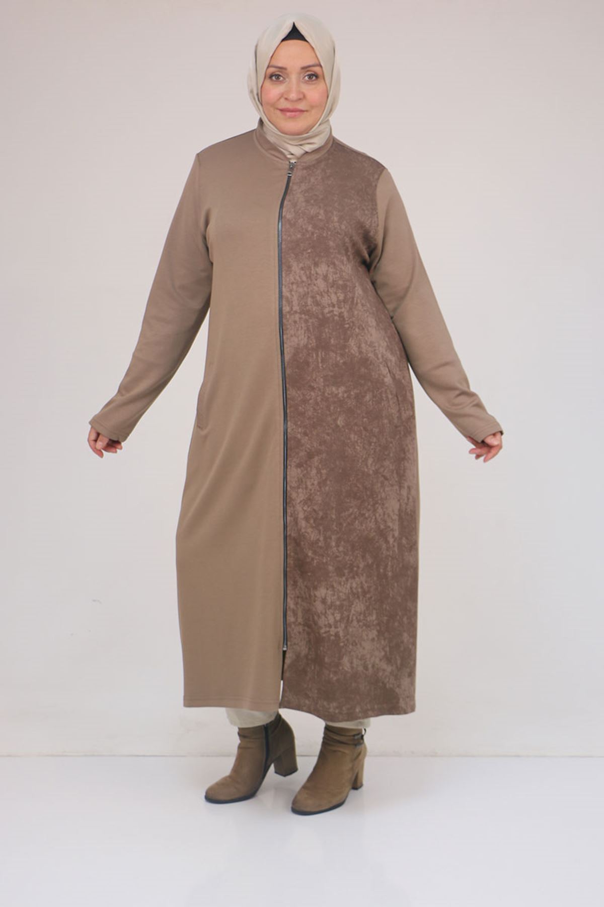 53058 Büyük Beden Fermuarlı Batik-Modal Ceket - Vizon