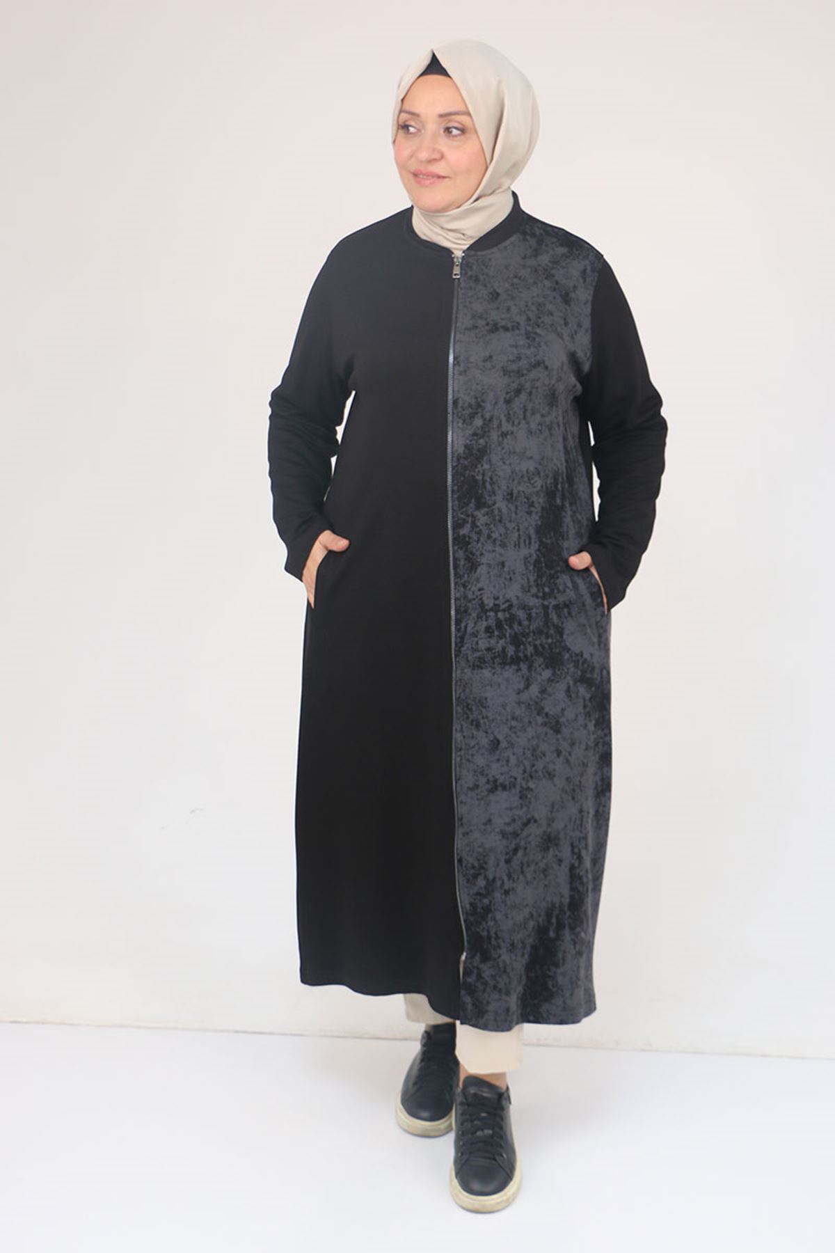 53058 Büyük Beden Fermuarlı Batik-Modal Ceket - Siyah