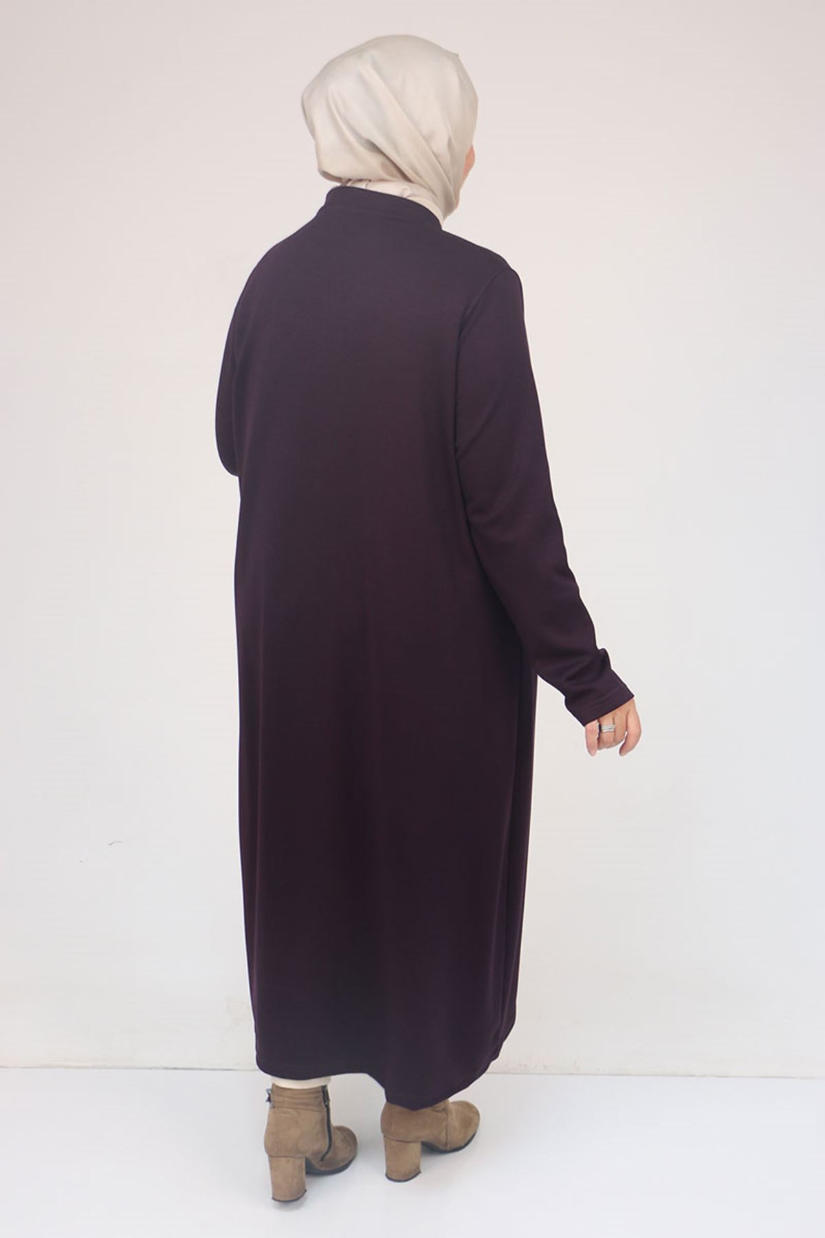 53058 Büyük Beden Fermuarlı Batik-Modal Ceket - Mürdüm