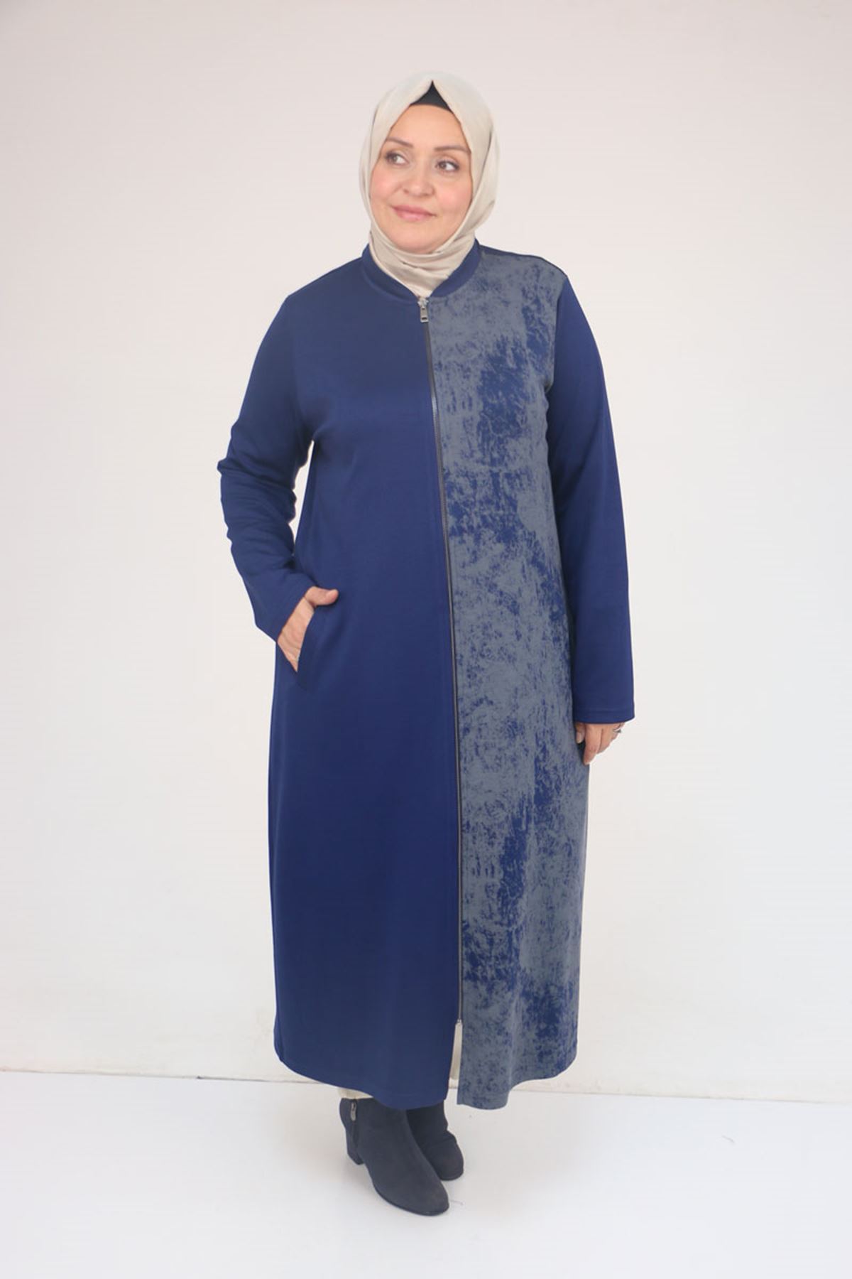 53058 Büyük Beden Fermuarlı Batik-Modal Ceket - İndigo