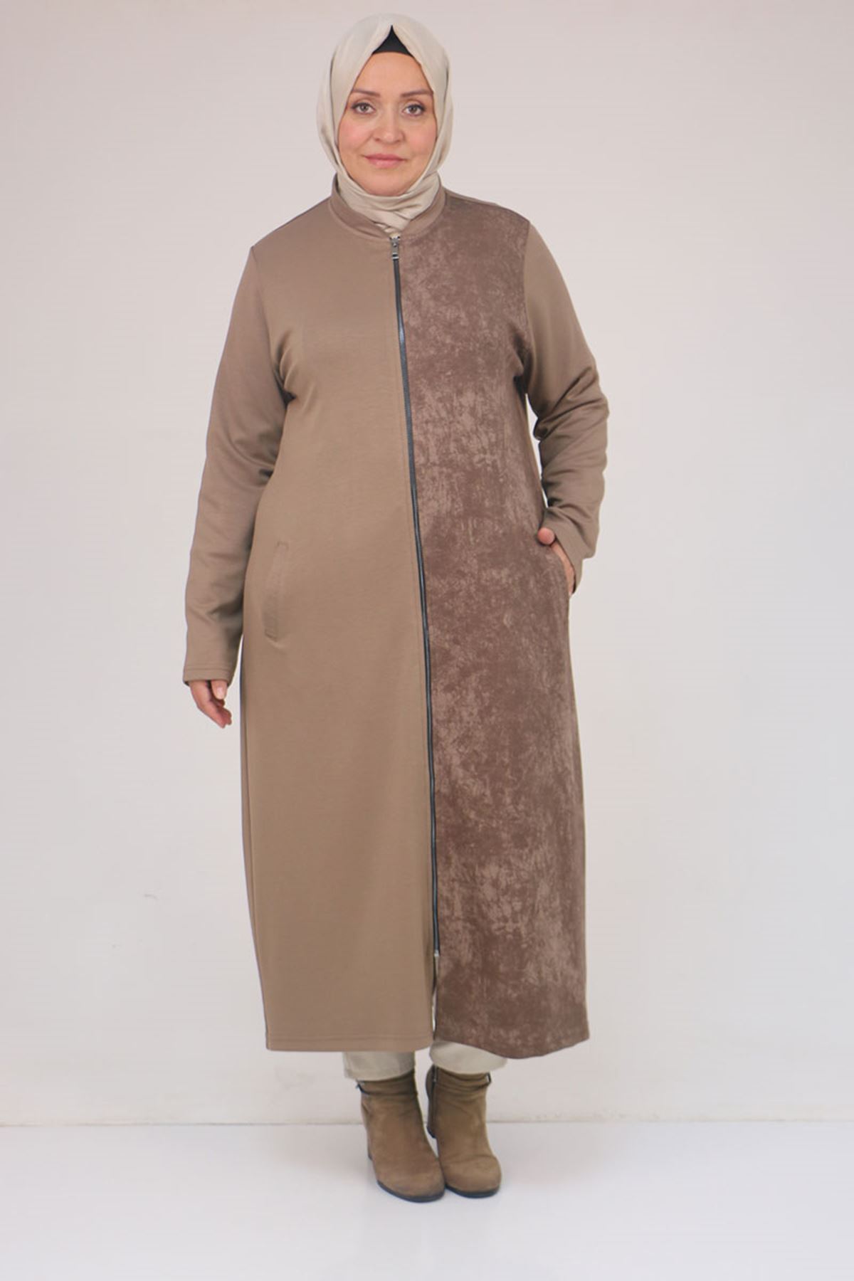 53058 Büyük Beden Fermuarlı Batik-Modal Ceket - Vizon