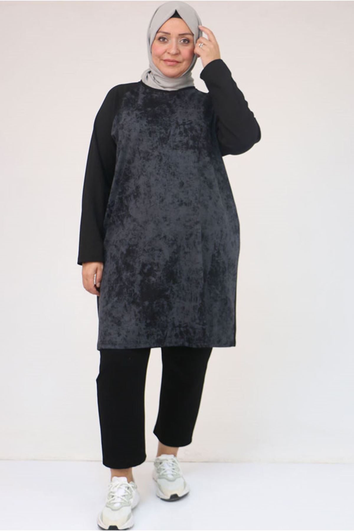 26K58162 - SİYAH -  Büyük Beden Garnili Modal Tunik