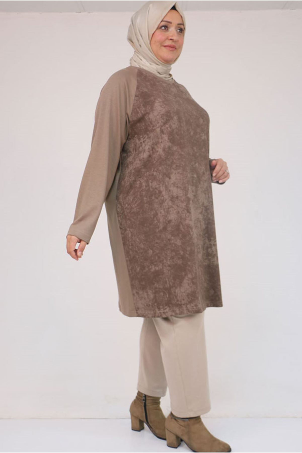 26K58162 - VİZON -  Büyük Beden Garnili Modal Tunik