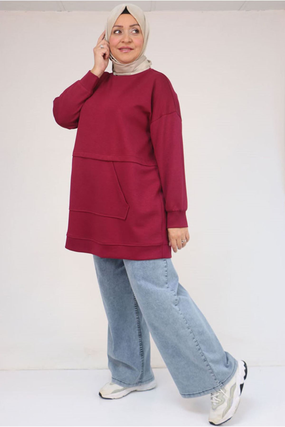 26K58133 - BORDO - Büyük Beden Kanguru Cepli Modal Tunik