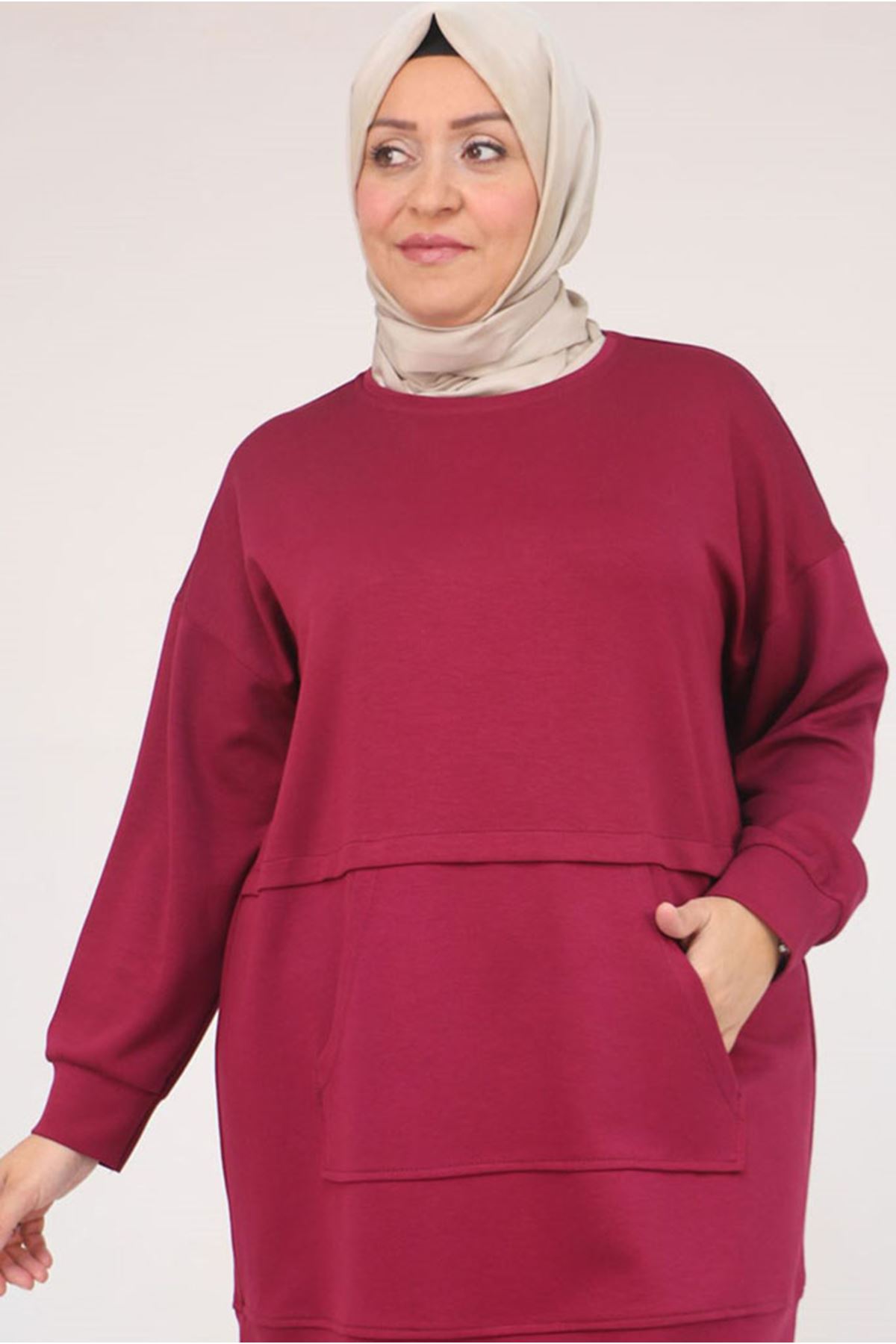 26K58133 - BORDO - Büyük Beden Kanguru Cepli Modal Tunik