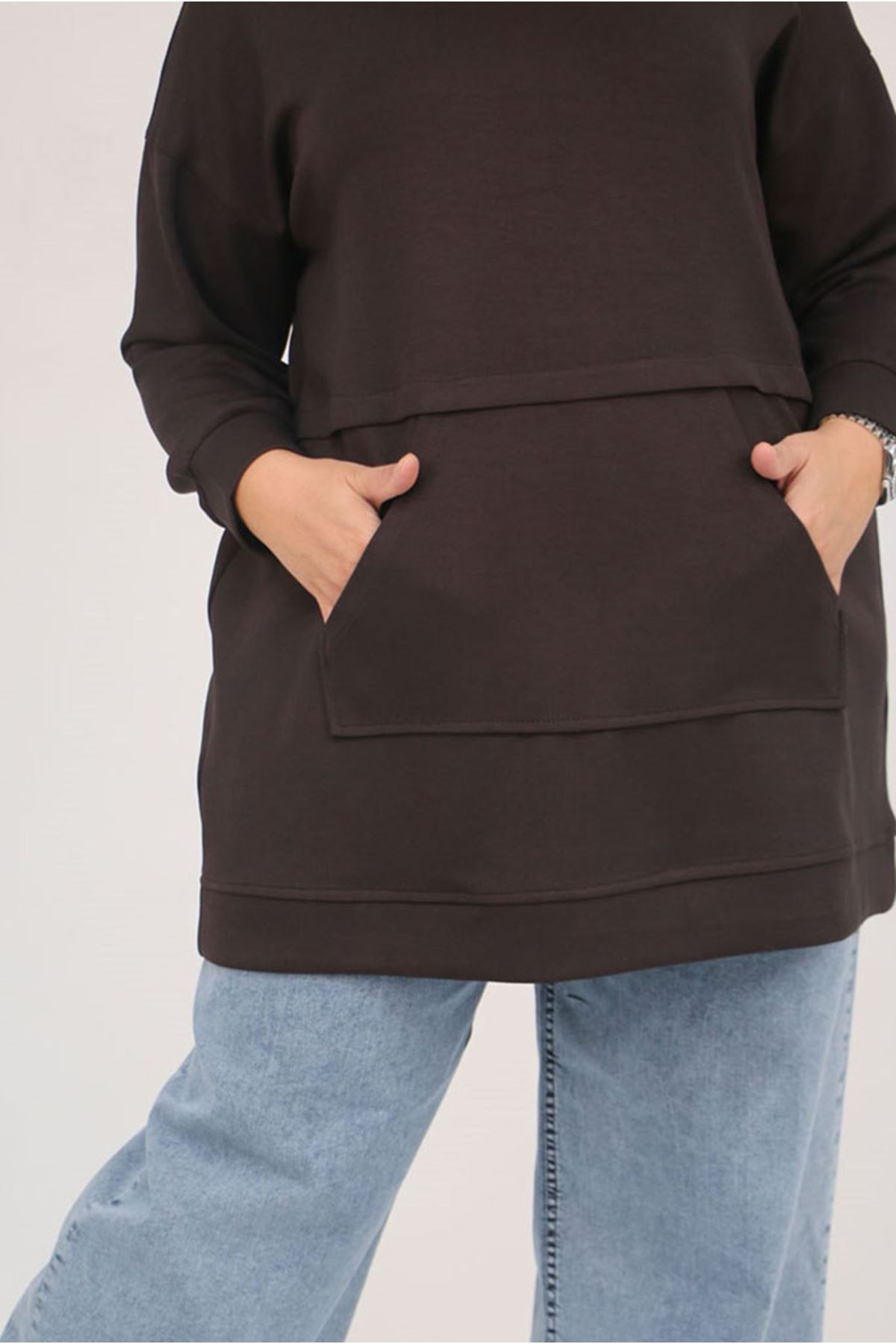 26K58133 - KAHVE - Büyük Beden Kanguru Cepli Modal Tunik 