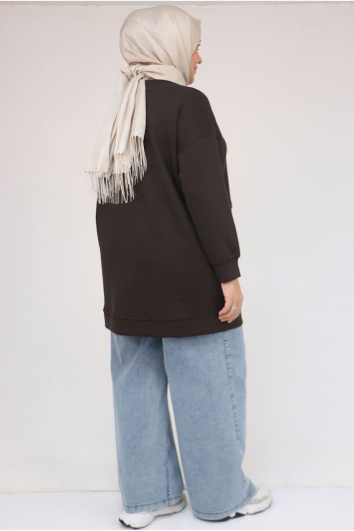 26K58133 - KAHVE - Büyük Beden Kanguru Cepli Modal Tunik 