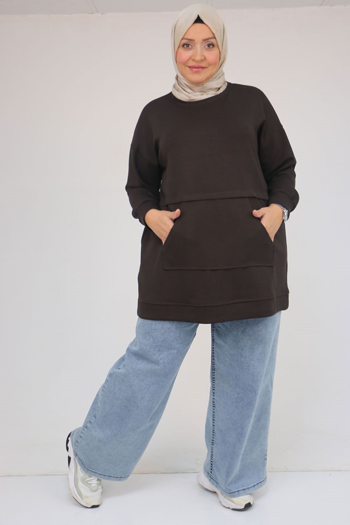 26K58133 - KAHVE - Büyük Beden Kanguru Cepli Modal Tunik 