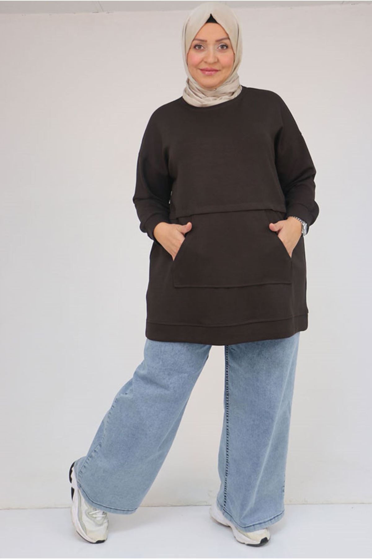 26K58133 - KAHVE - Büyük Beden Kanguru Cepli Modal Tunik 