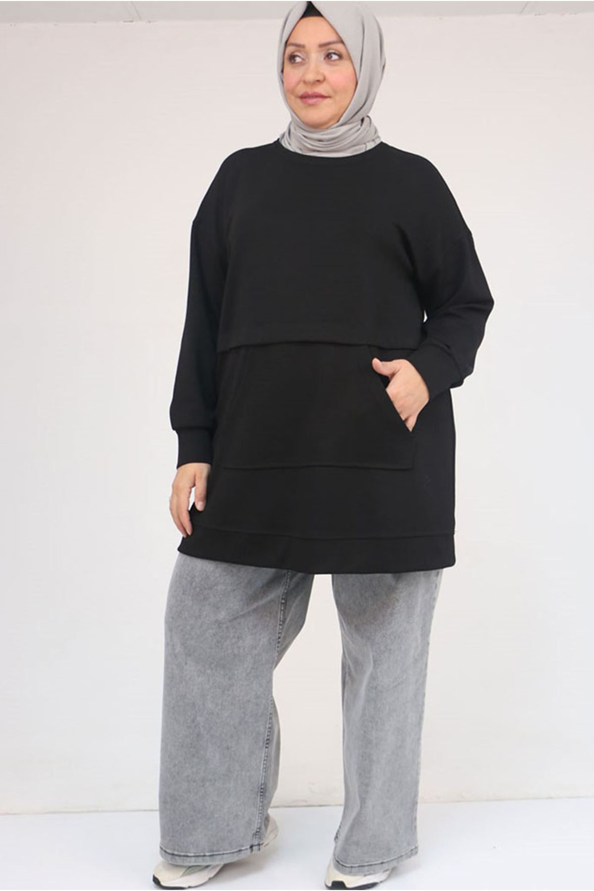 26K58133 - SİYAH - Büyük Beden Kanguru Cepli Modal Tunik