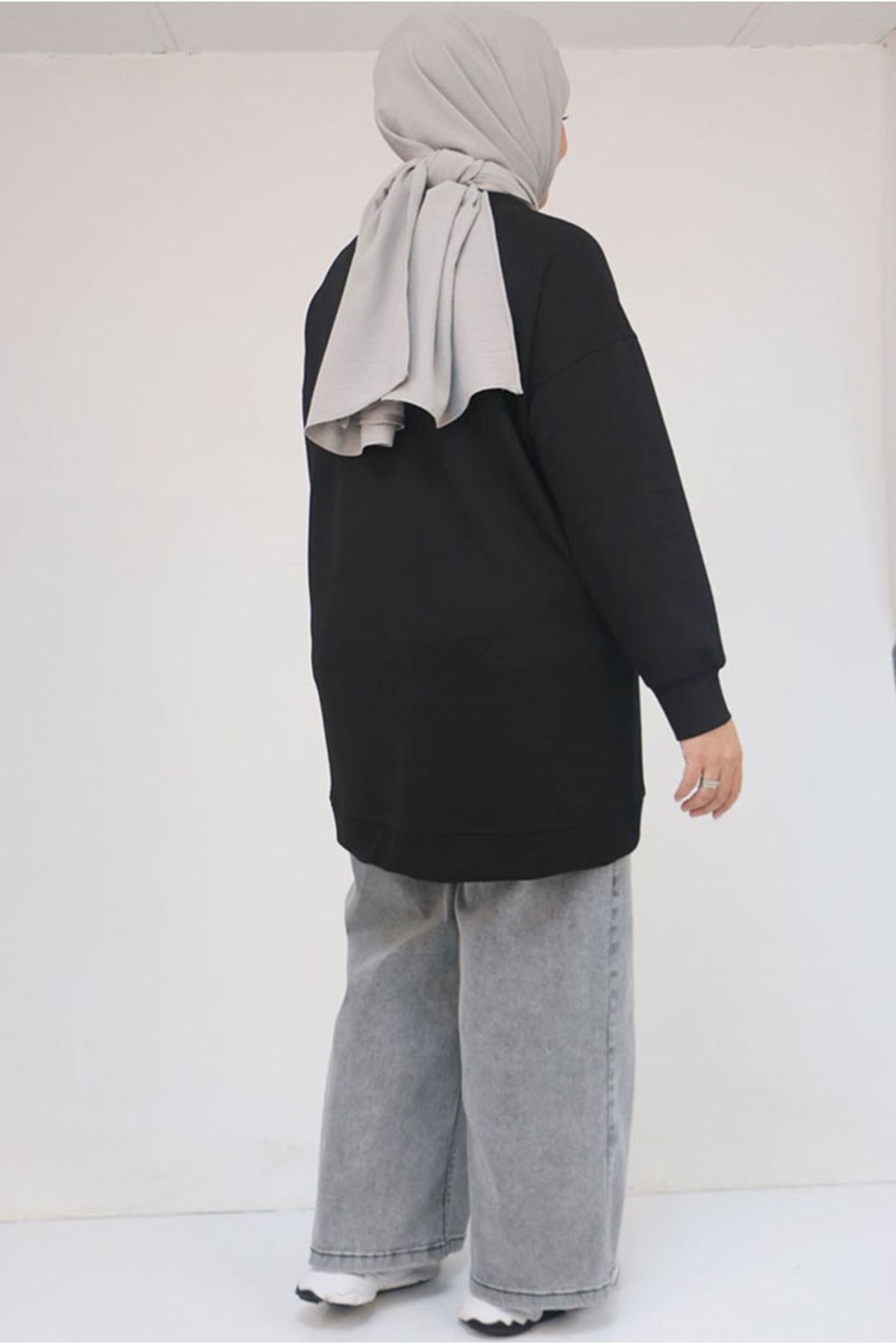 26K58133 - SİYAH - Büyük Beden Kanguru Cepli Modal Tunik