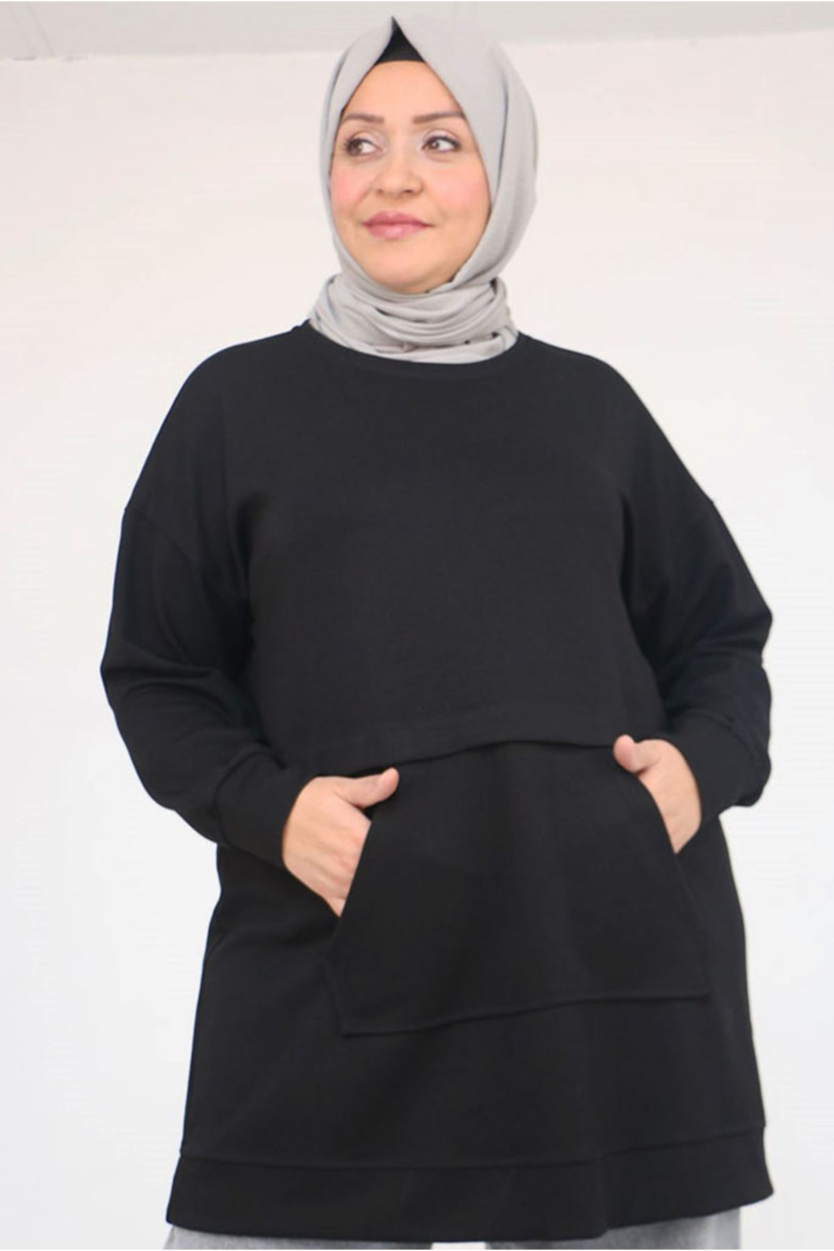 26K58133 - SİYAH - Büyük Beden Kanguru Cepli Modal Tunik