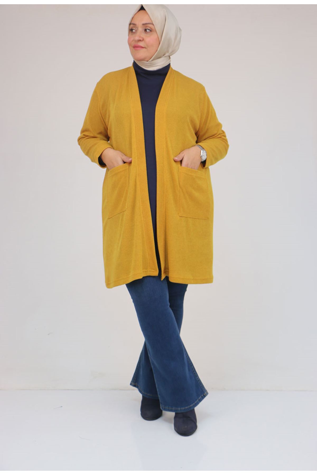 53034 Büyük Beden Cep Detaylı Mir Ceket - Hardal