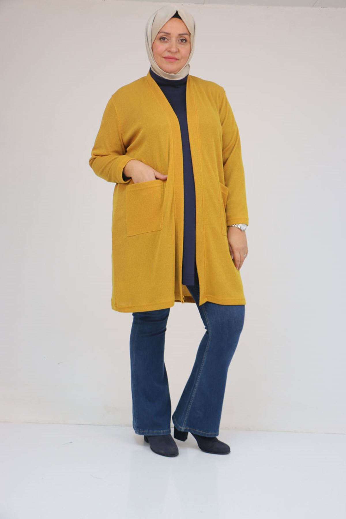 53034 Büyük Beden Cep Detaylı Mir Ceket - Hardal