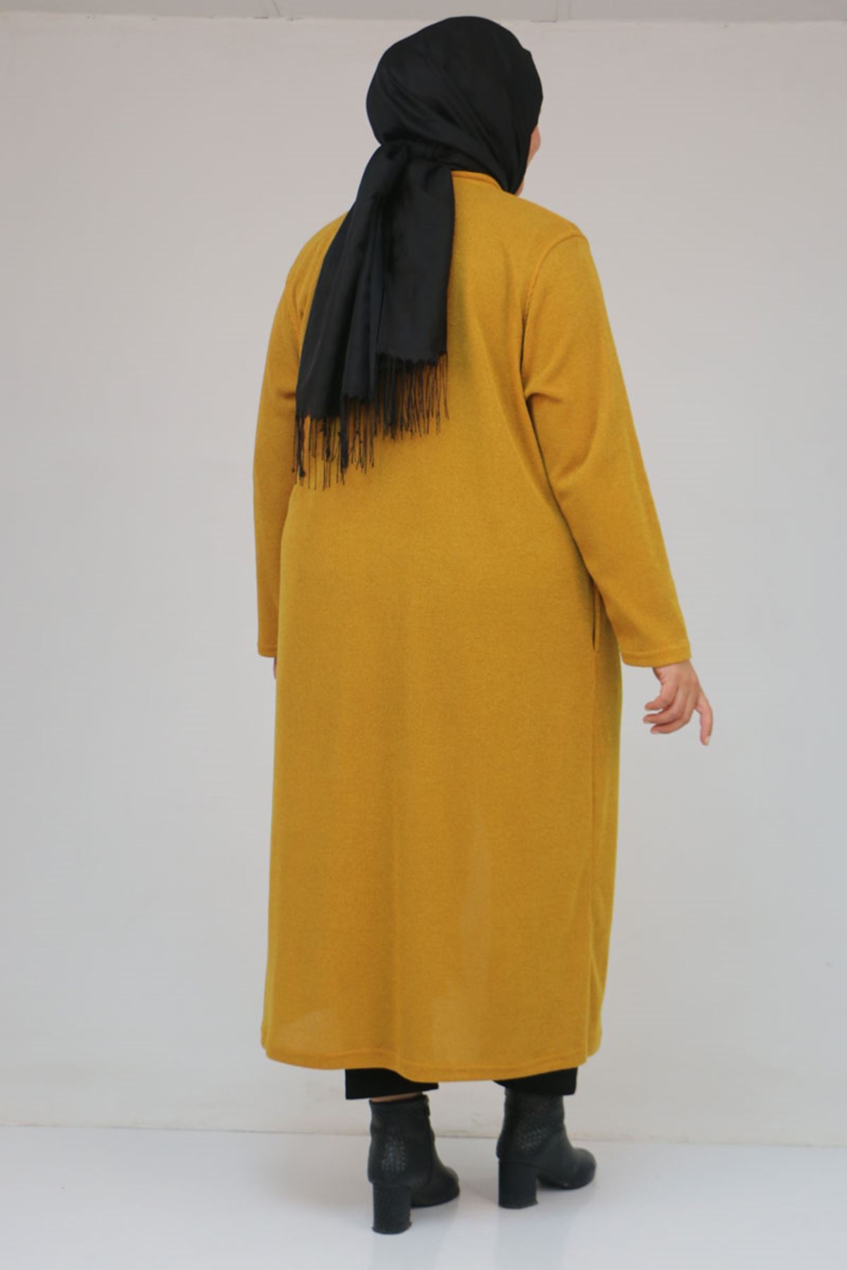 53061 Büyük Beden Cepli Uzun Mir Ceket - Hardal