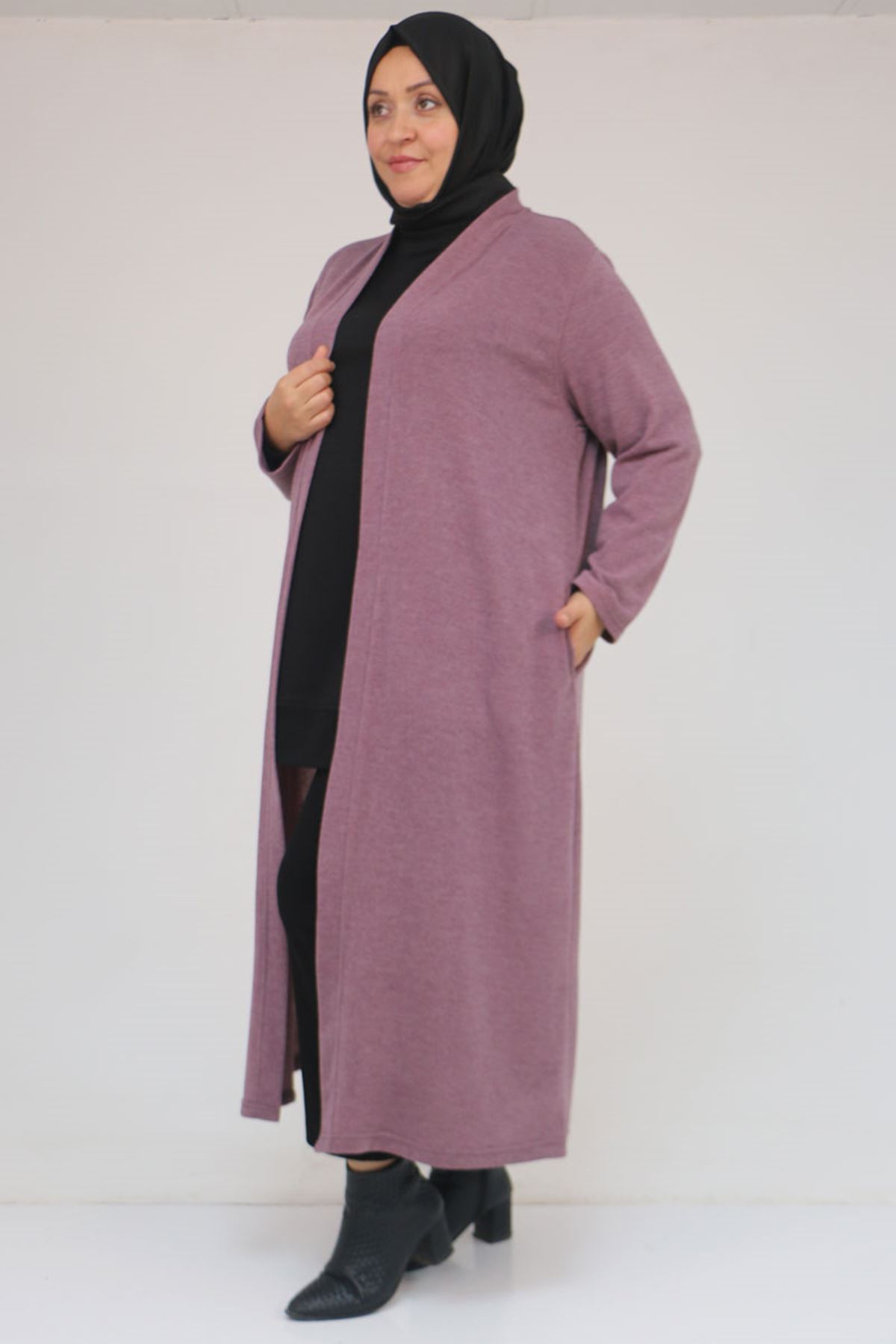 53061 Büyük Beden Cepli Uzun Mir Ceket - Gül Kurusu