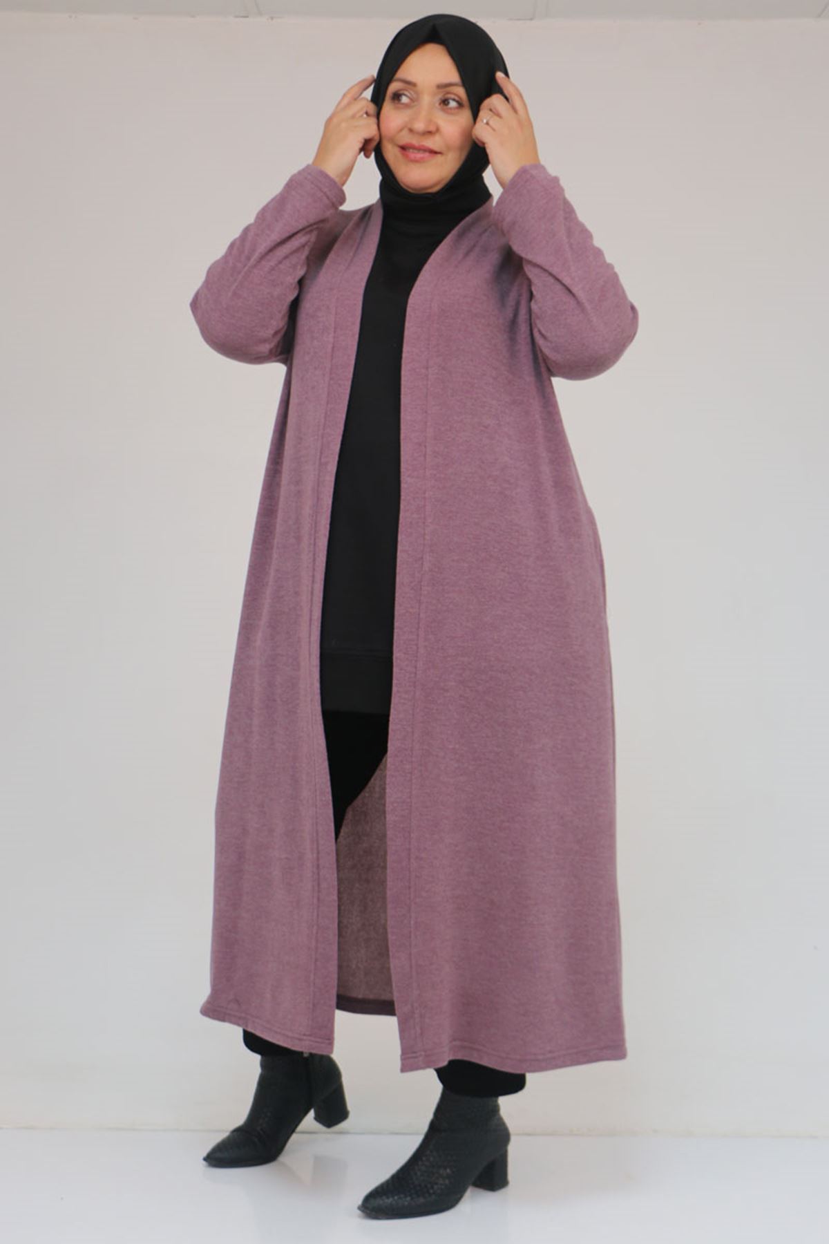 53061 Büyük Beden Cepli Uzun Mir Ceket - Gül Kurusu