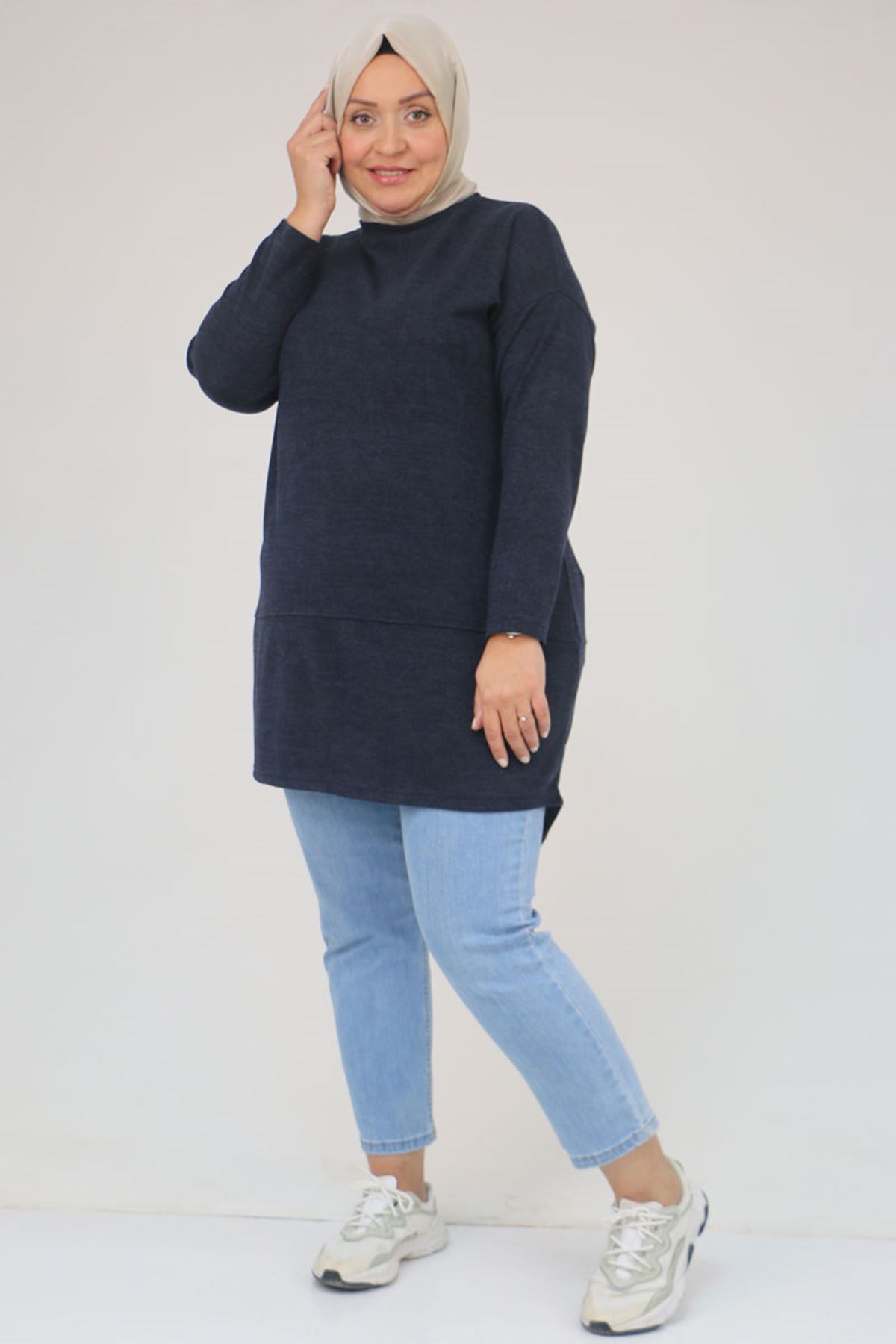 58166 Büyük Beden Makas Mir Tunik - Lacivert
