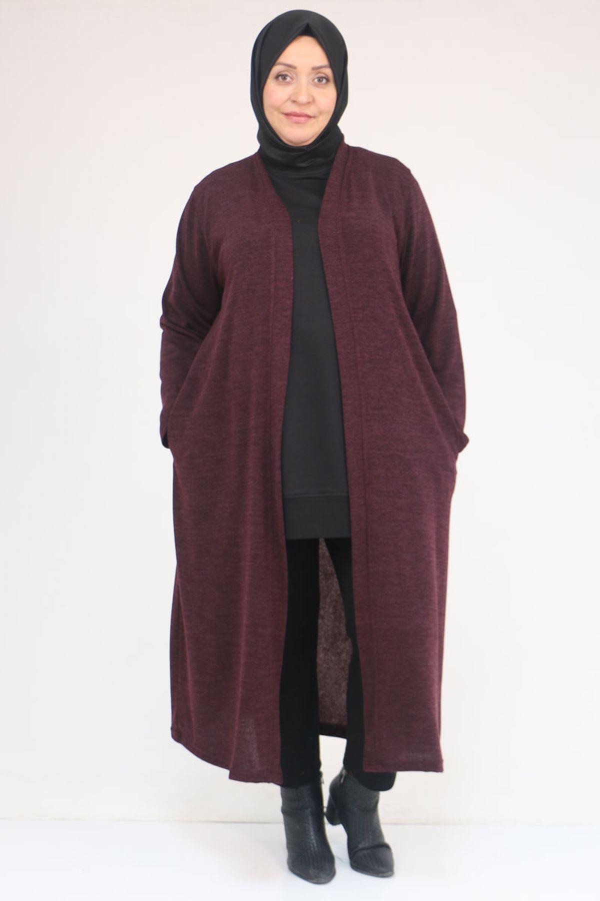 53061 Büyük Beden Cepli Uzun Mir Ceket - Mürdüm