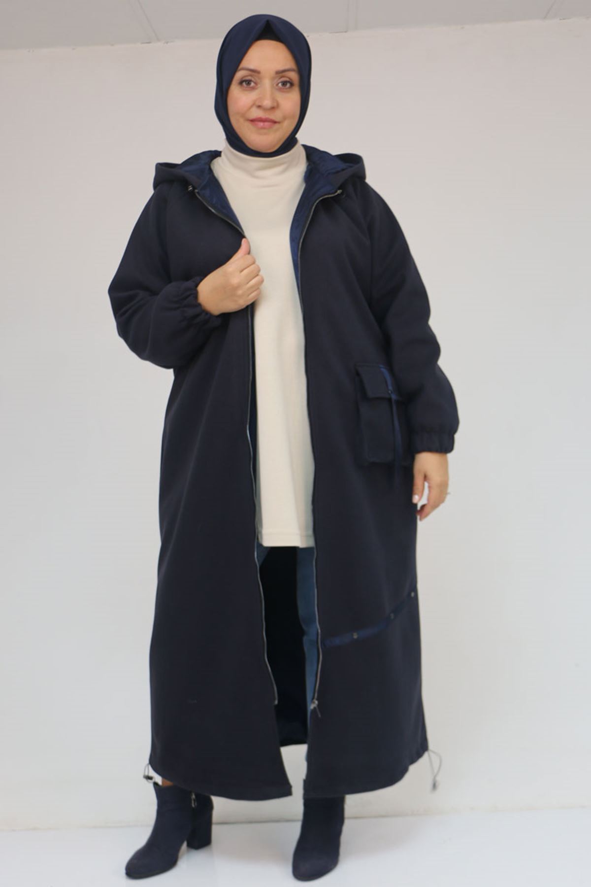 43082 Büyük Beden Eteği Bebe Lastikli Kaşe Kaban - Lacivert