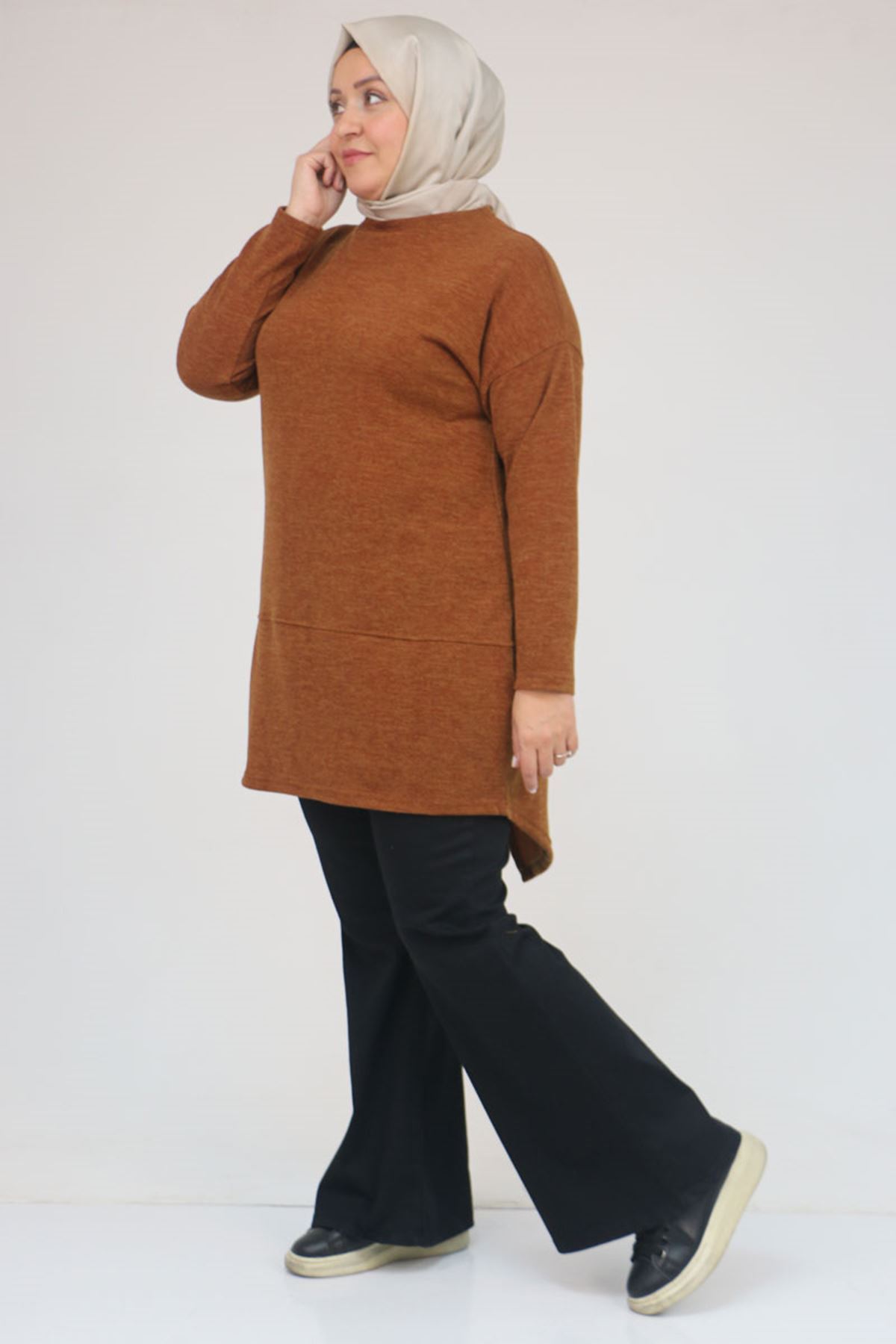 58166 Büyük Beden Makas Mir Tunik - Taba
