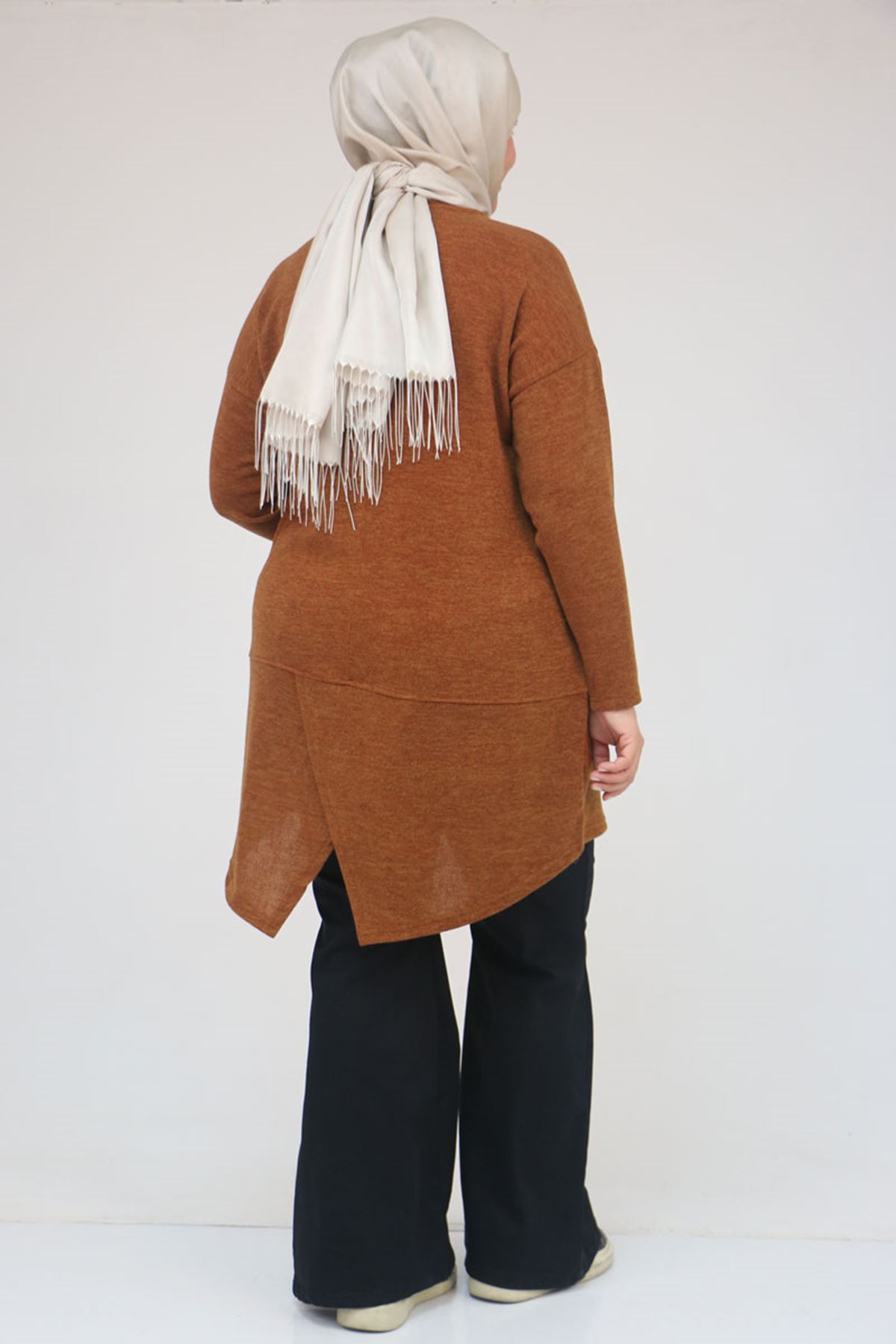 58166 Büyük Beden Makas Mir Tunik - Taba