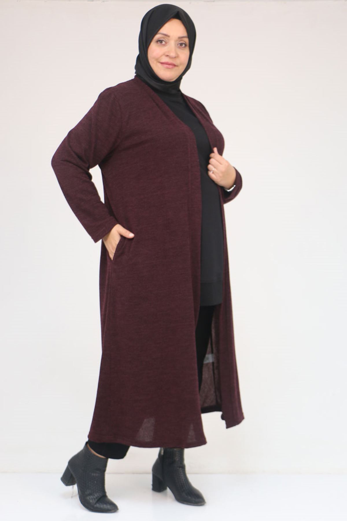 53061 Büyük Beden Cepli Uzun Mir Ceket - Mürdüm