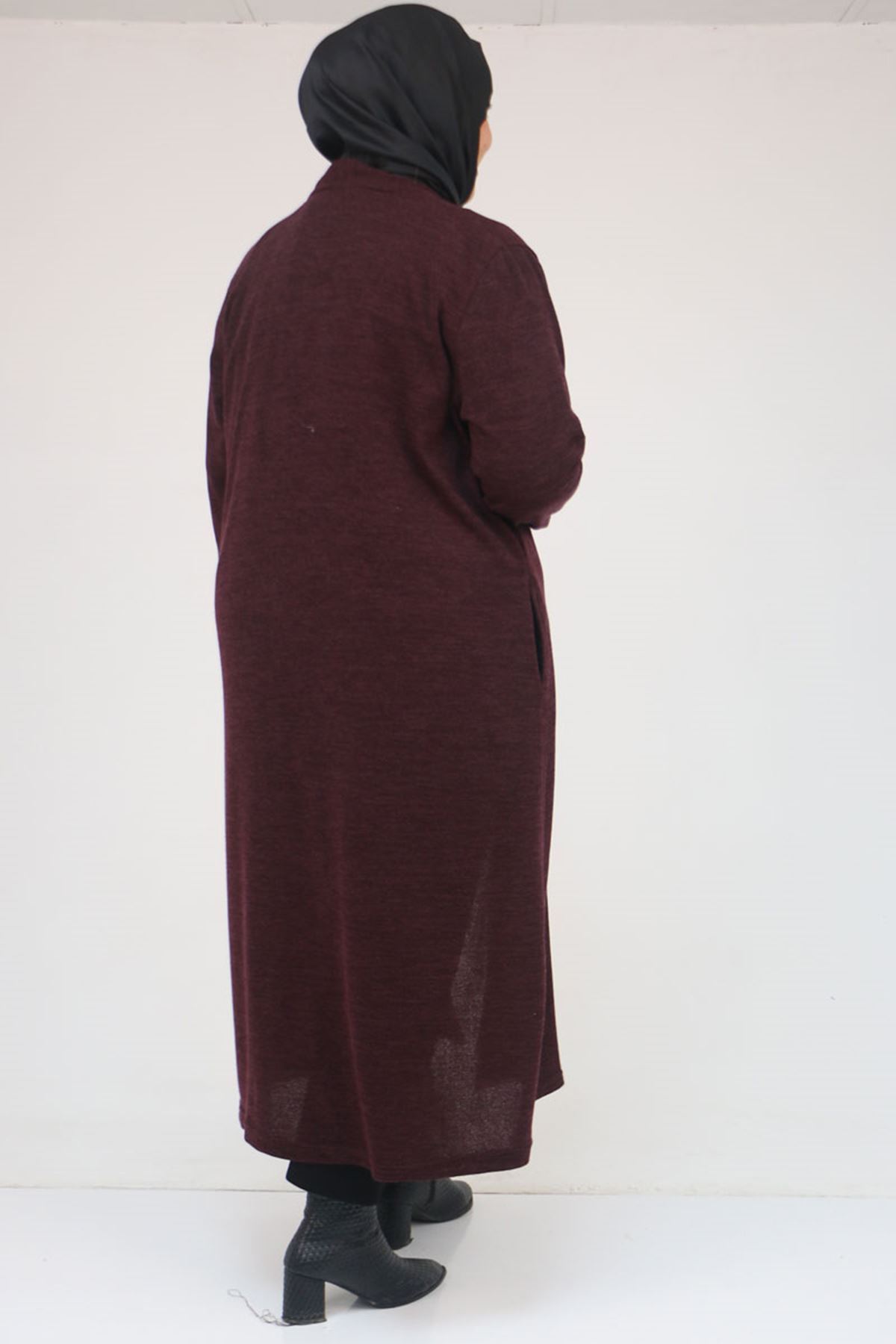 53061 Büyük Beden Cepli Uzun Mir Ceket - Mürdüm