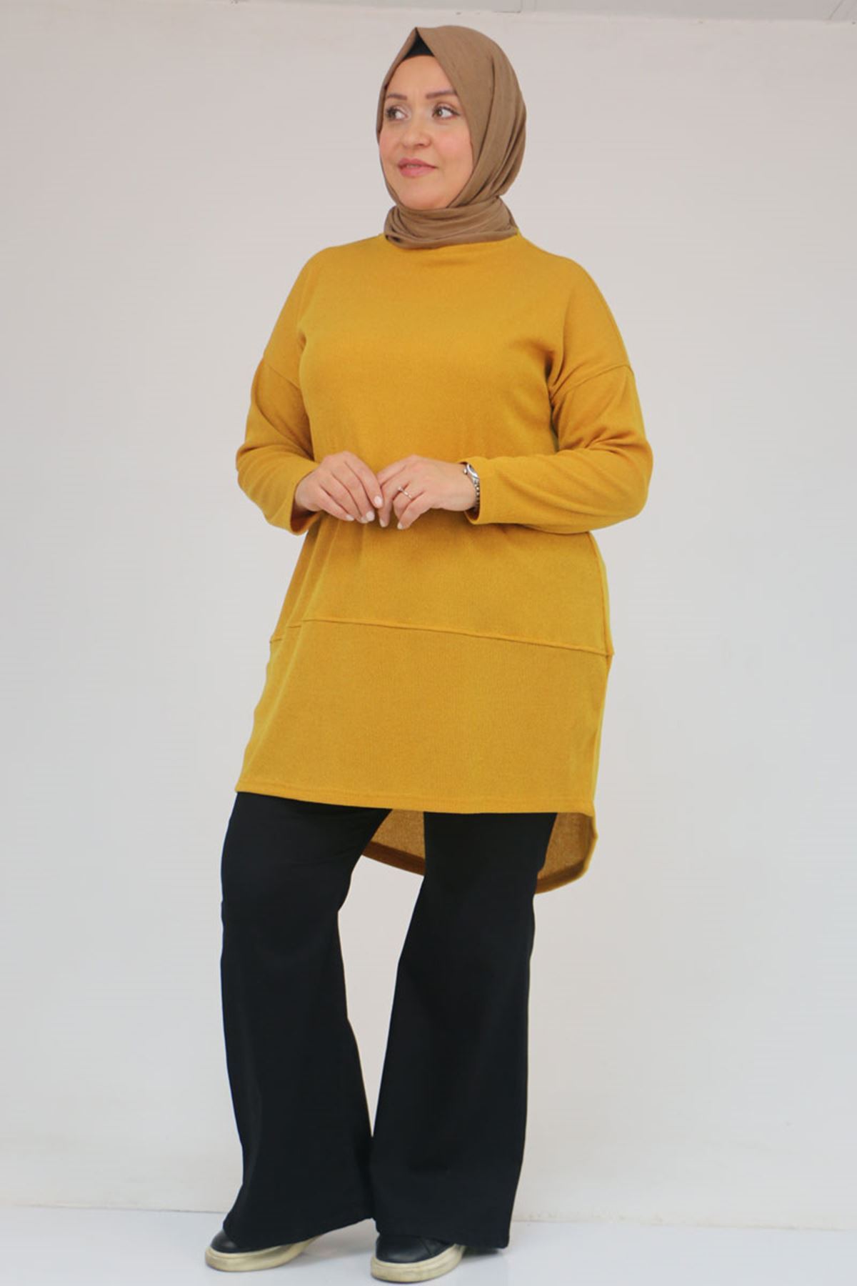 58166 Büyük Beden Makas Mir Tunik - Hardal