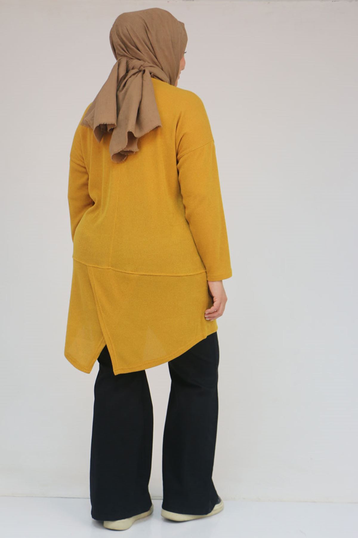 58166 Büyük Beden Makas Mir Tunik - Hardal