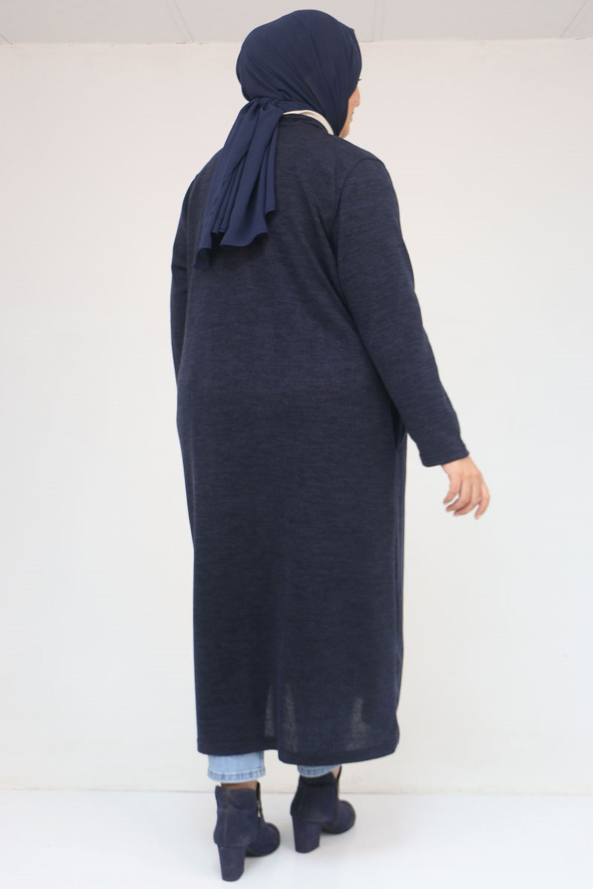 53061 Büyük Beden Cepli Uzun Mir Ceket - Lacivert