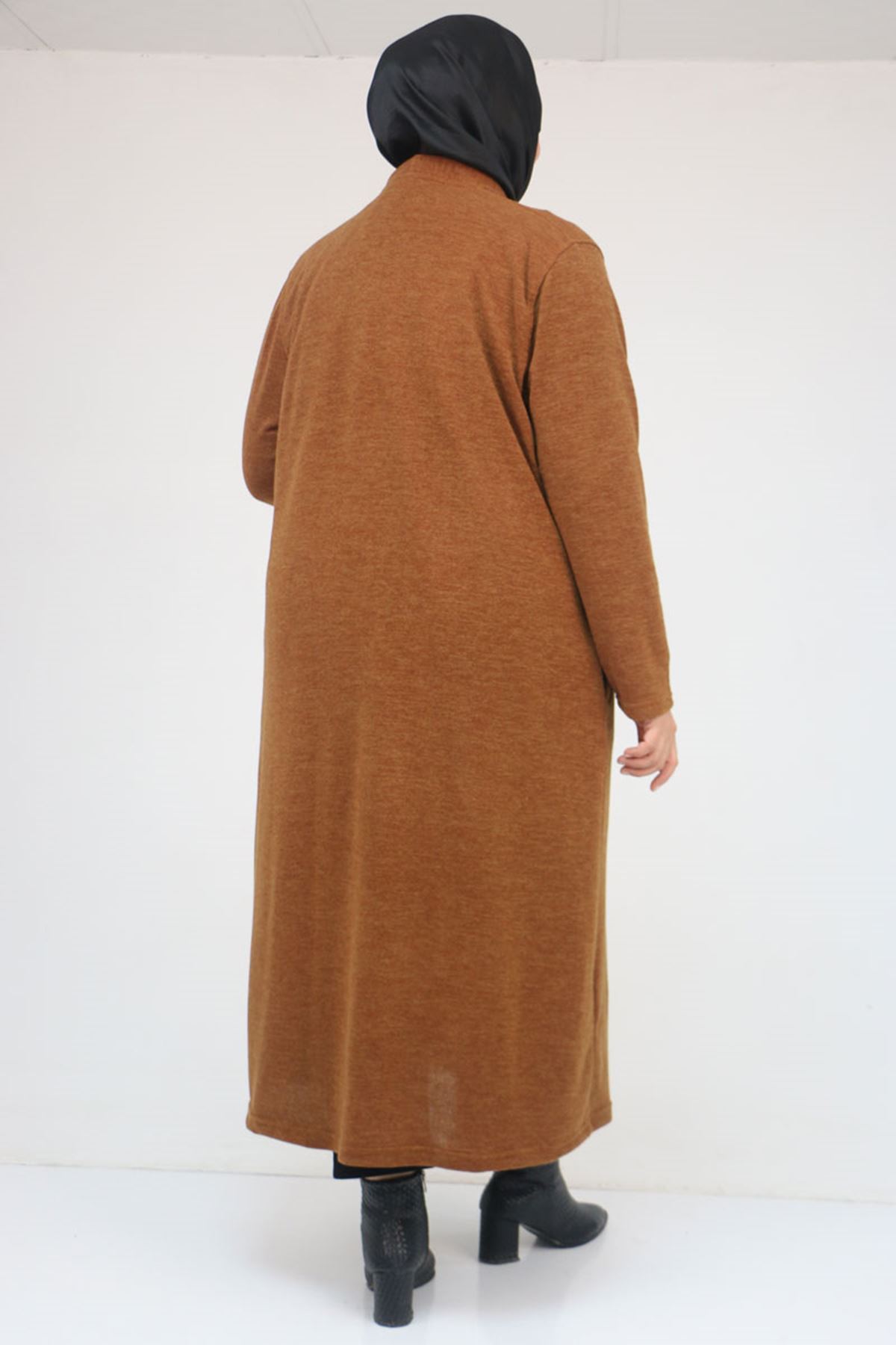 53061 Büyük Beden Cepli Uzun Mir Ceket - Taba