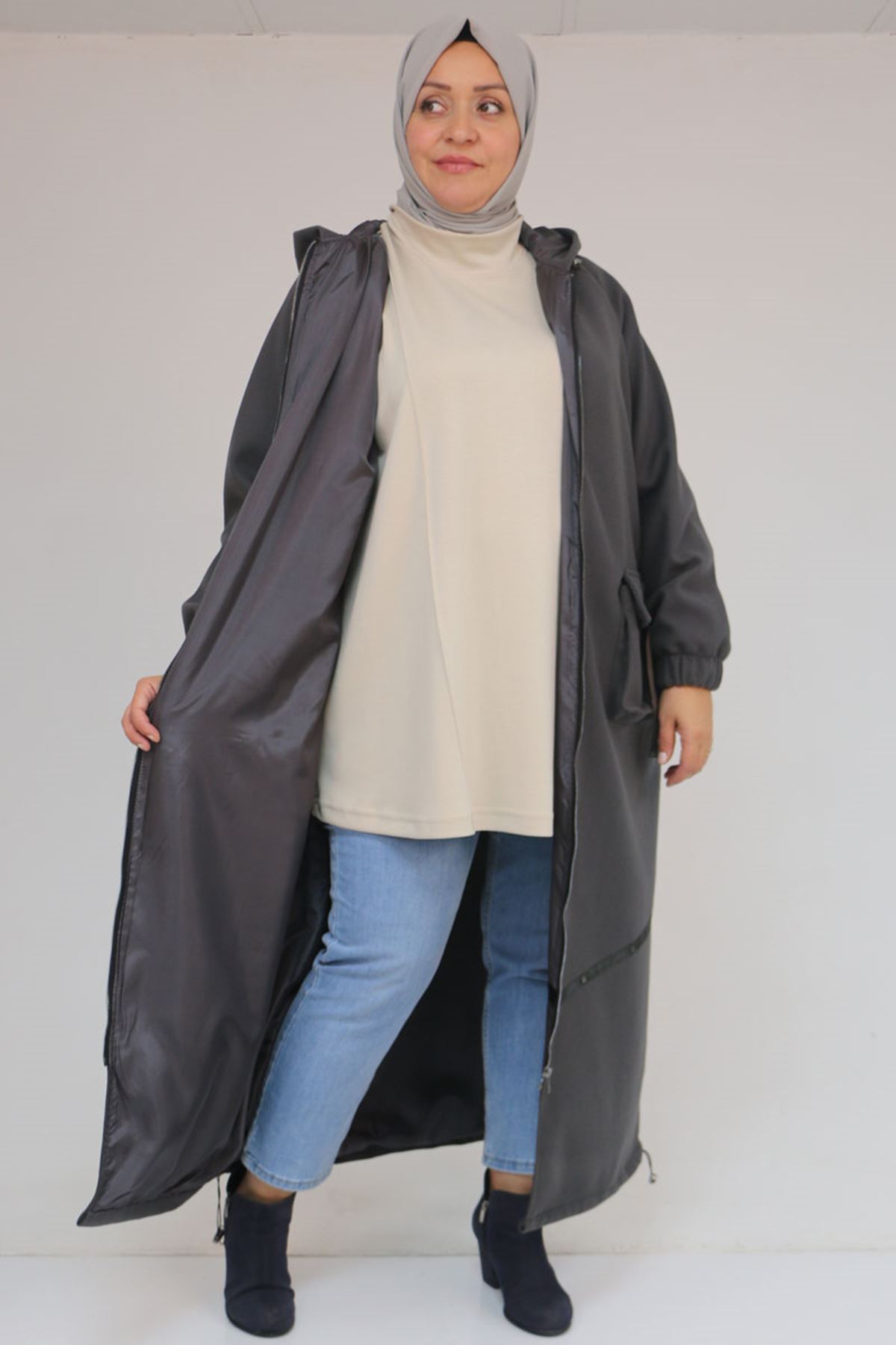 43082 Büyük Beden Eteği Bebe Lastikli Kaşe Kaban - Antrasit