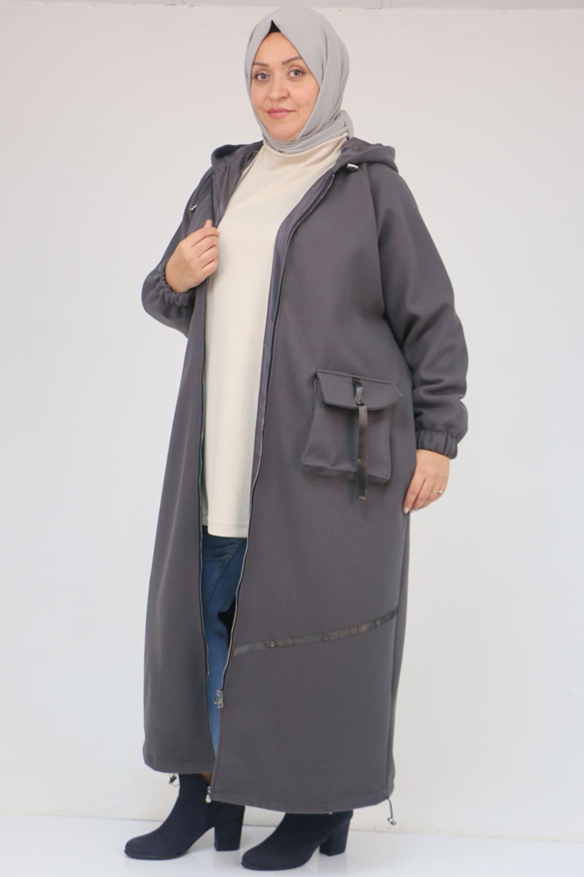 43082 Büyük Beden Eteği Bebe Lastikli Kaşe Kaban - Antrasit