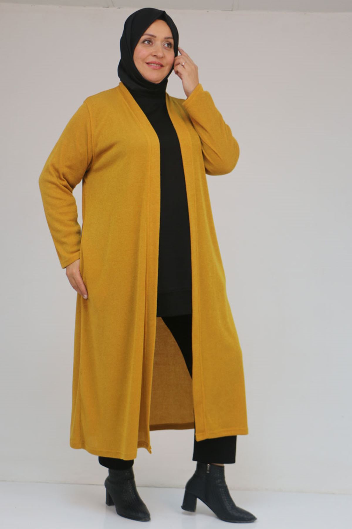 53061 Büyük Beden Cepli Uzun Mir Ceket - Hardal