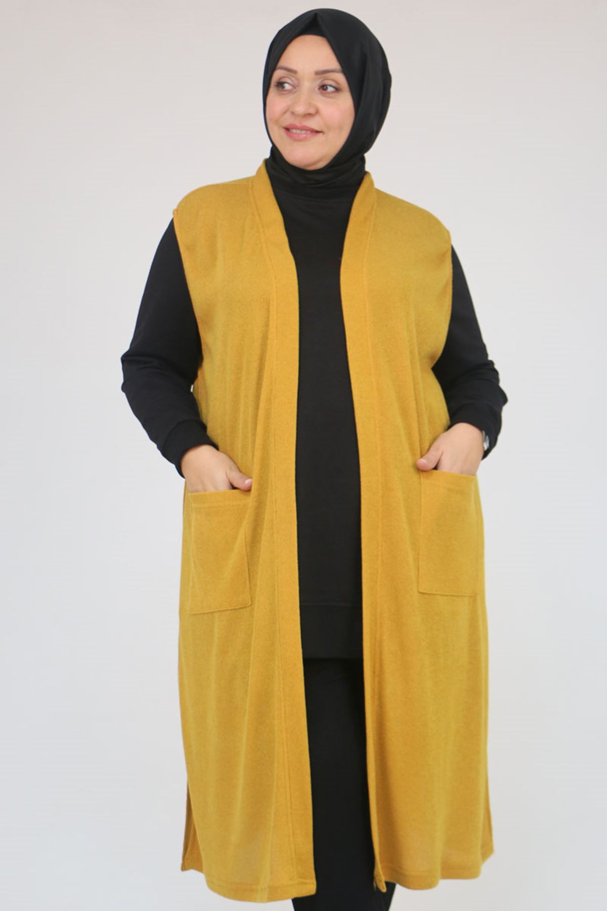 54012 Büyük Beden Cepli Giy-Çık Mir Yelek - Hardal