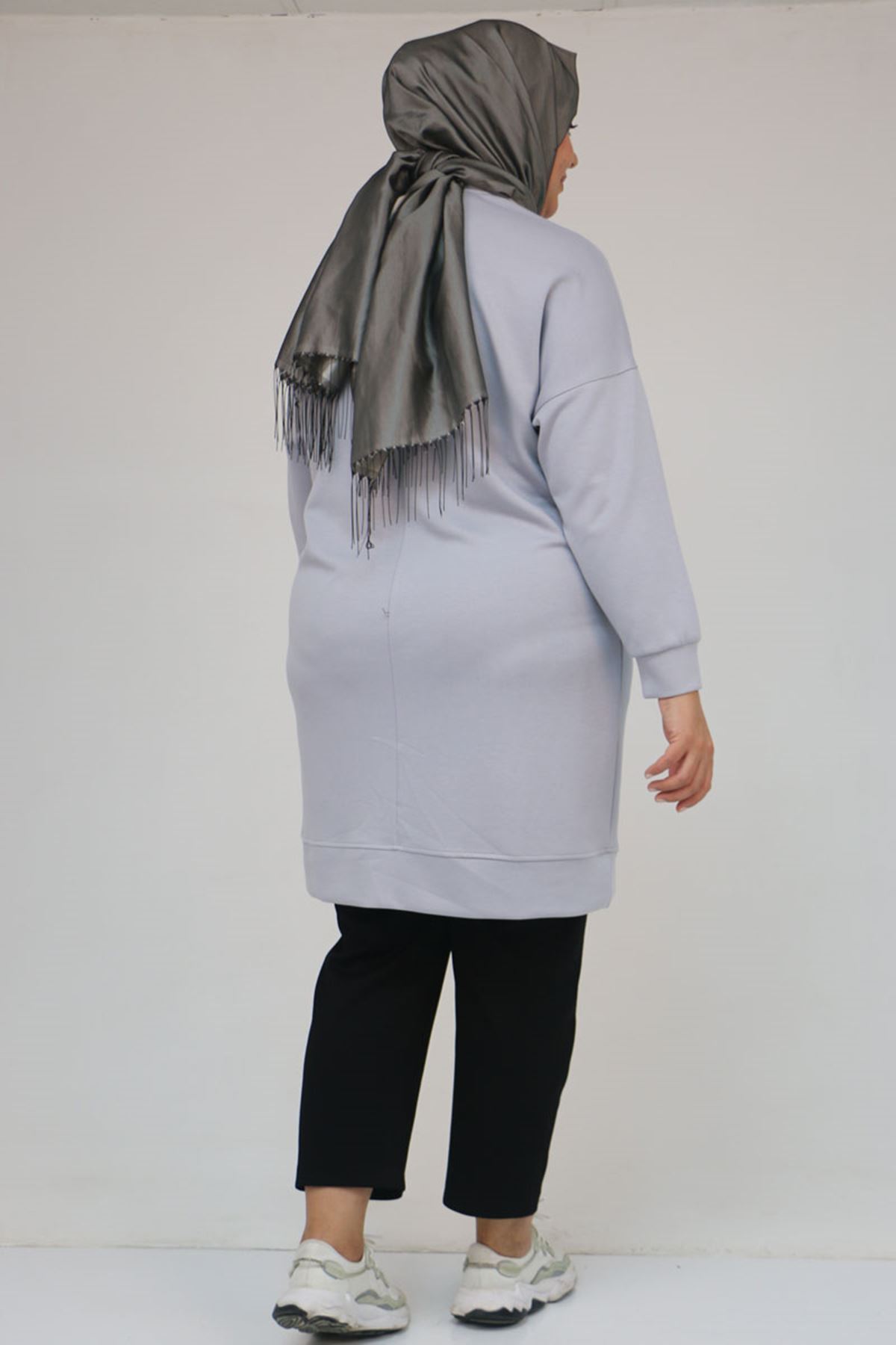 58151 Büyük Beden Kol Ve Etek Ucu Kendinden Ribanalı Modal Tunik - Gri