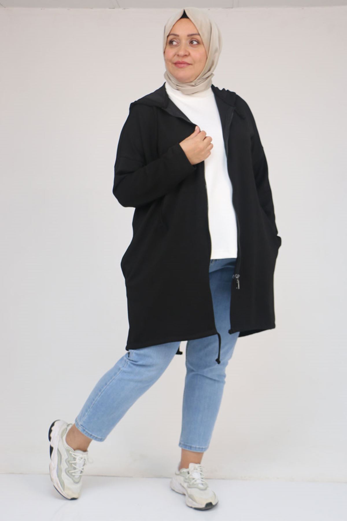 53053 Büyük Beden Eteği Oval Kesim Modal Ceket - Siyah