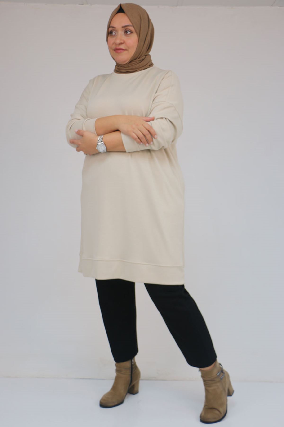 58151 Büyük Beden Kol Ve Etek Ucu Kendinden Ribanalı Modal Tunik - Bej