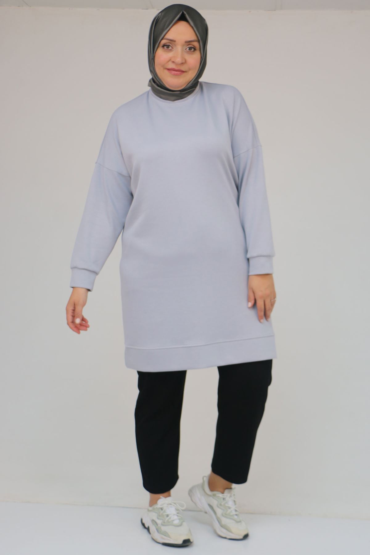 58151 Büyük Beden Kol Ve Etek Ucu Kendinden Ribanalı Modal Tunik - Gri