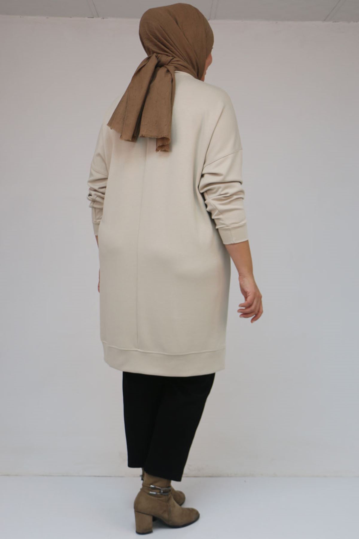 58151 Büyük Beden Kol Ve Etek Ucu Kendinden Ribanalı Modal Tunik - Bej