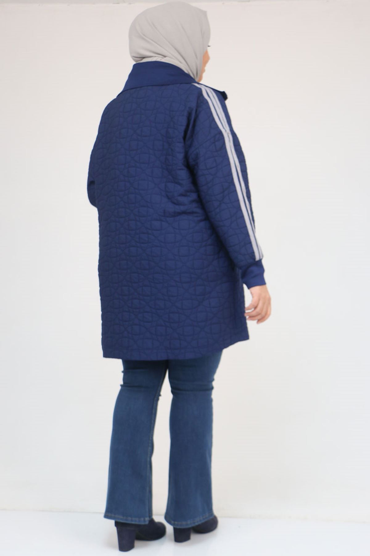 53060 Büyük Beden Omuzdan Şeritli Kapitone Fermuarlı Ceket - İndigo-Gri